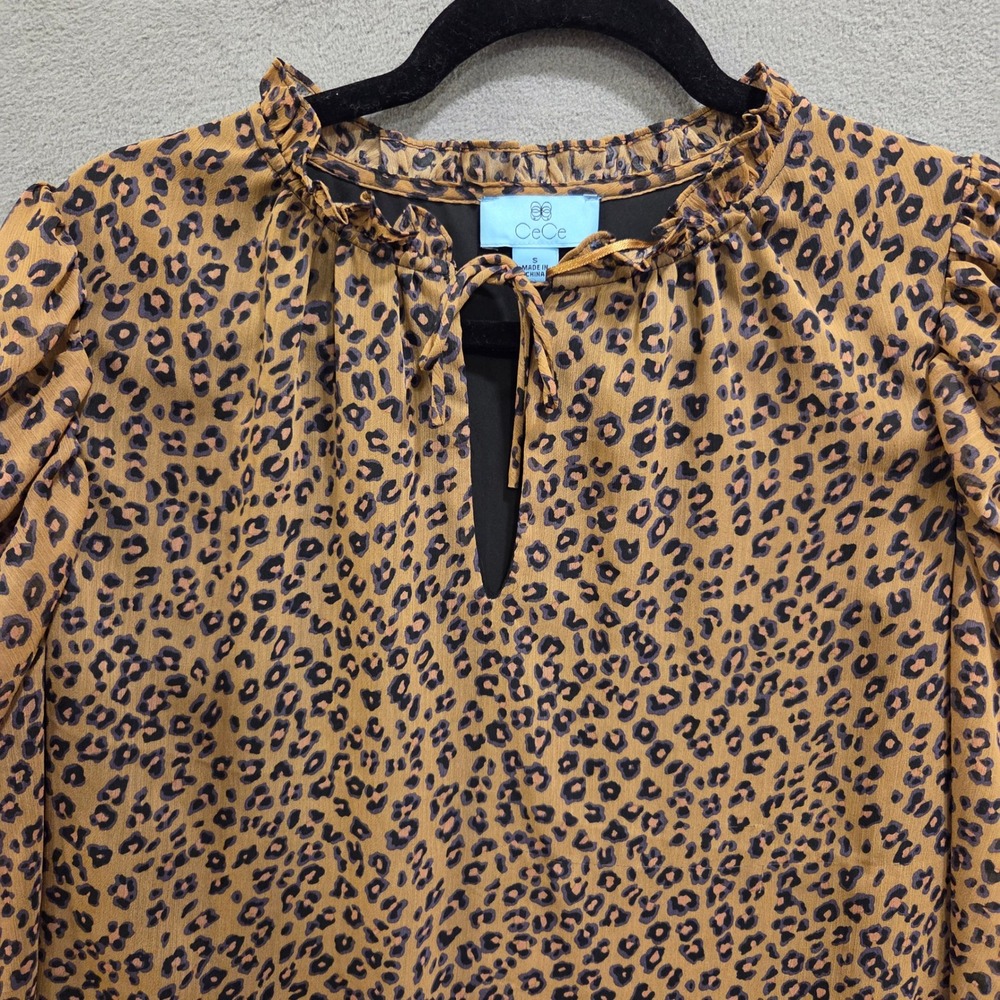 CeCe Ruffle Ruched Leopard Print Blouse Women's Size Small Office Romantic Chic - Picture 3 of 14